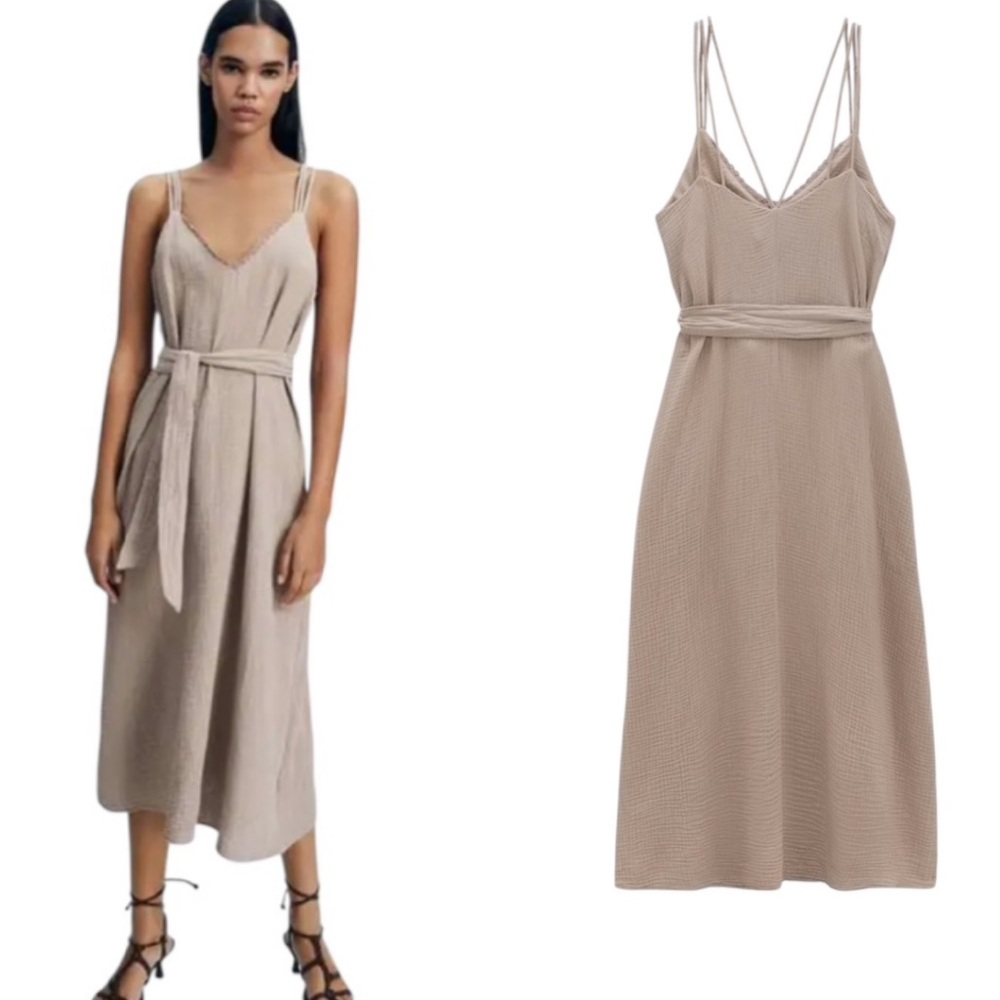 Zara Tan Taupe Gauze Strappy Tie Waist Belted Midi Slip Dress - S